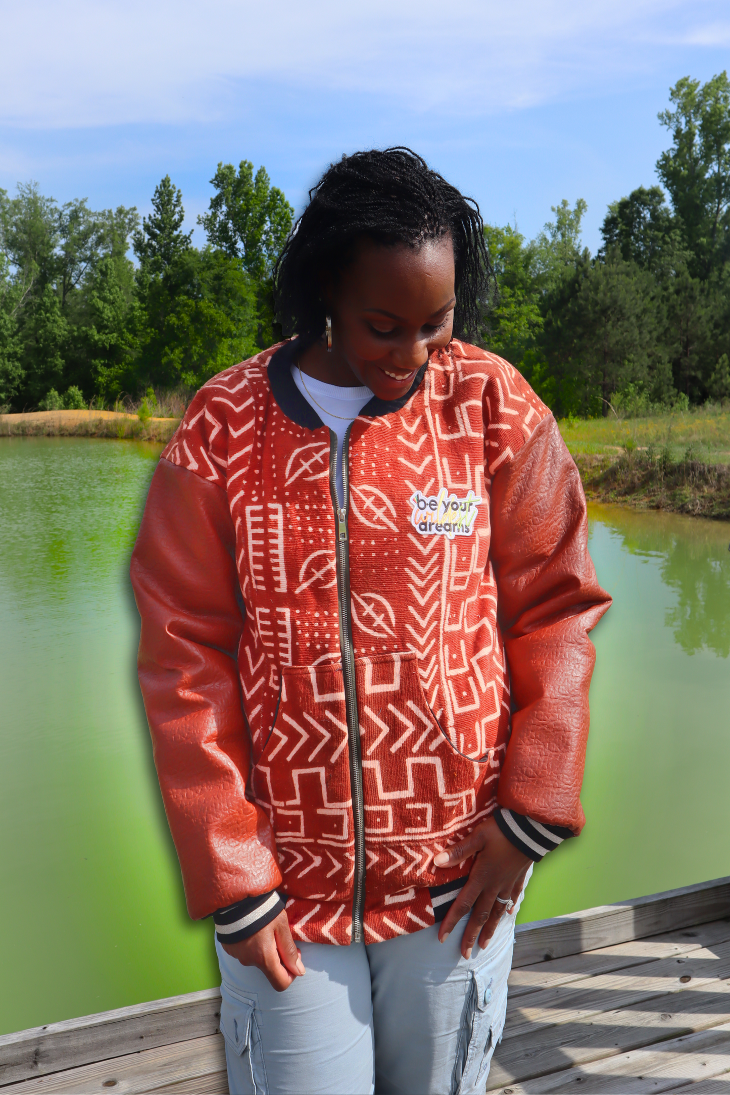 Red Mud Cloth Varsity Jacket - SAMPLE